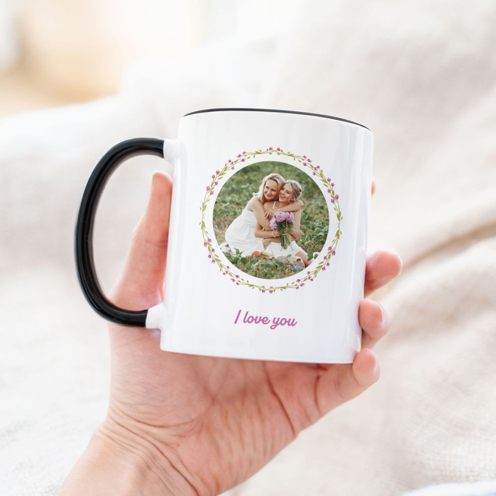 Personalised Flower Wreath Mug with Photo and Text