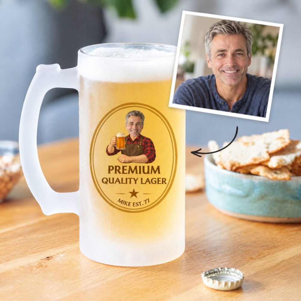 Personalised beer stein with face: your photo becomes the "Premium Quality Lager" label Personalised beer stein with face: your photo becomes the "Premium Quality Lager" label