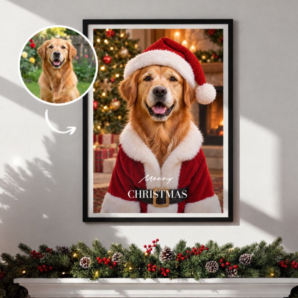 Personalised pet costume poster – dog in a Christmas costume with original photo