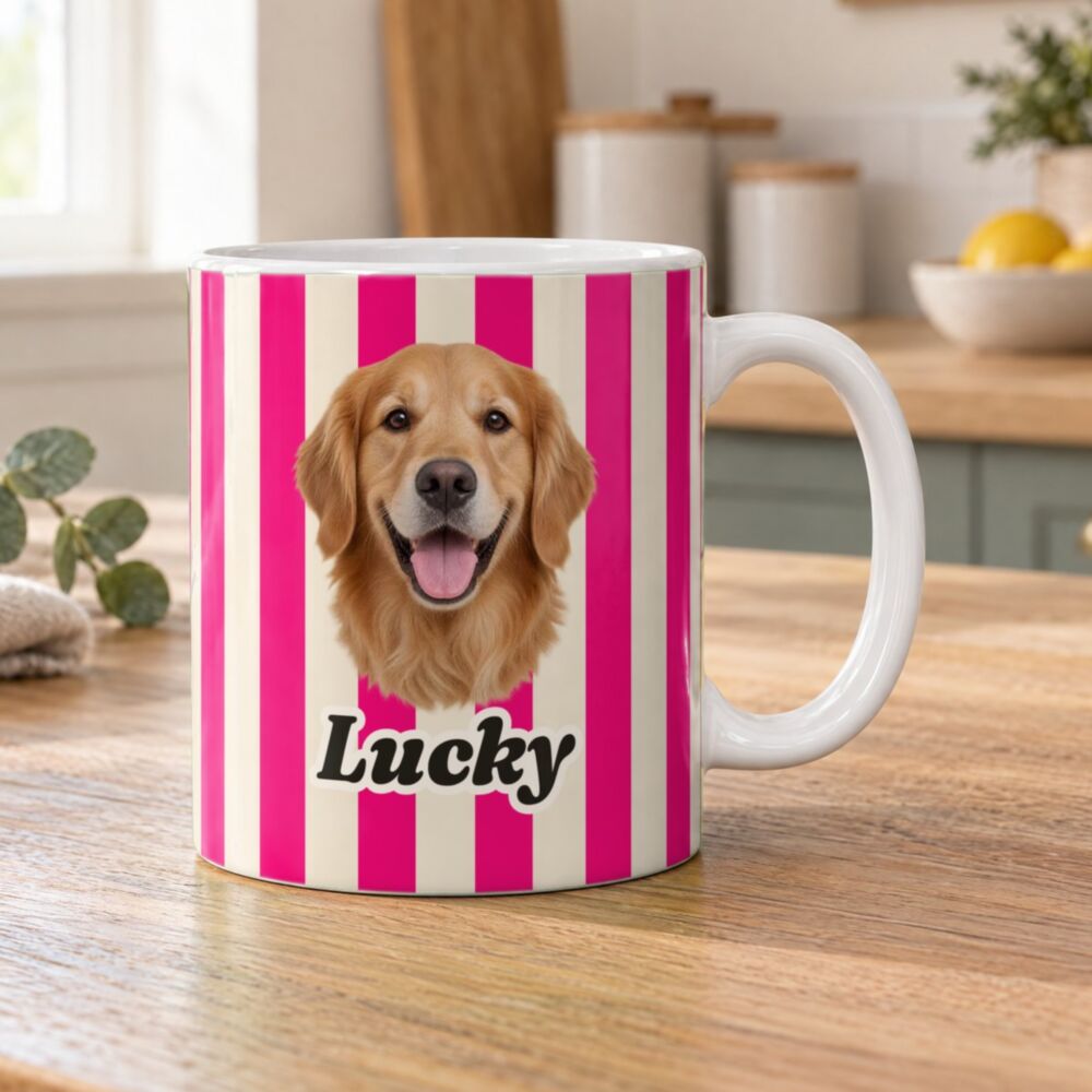 Personalised Pet Mug with Pattern: golden retriever ‘Lucky’ on pink stripes