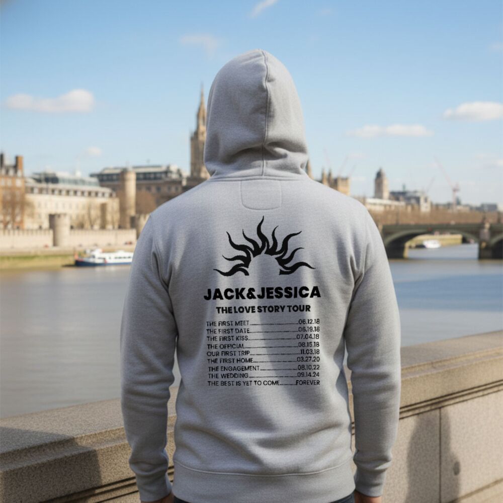 Personalisierbarer Kapuzenpullover im Tour-Stil mit Namen und Daten Personalisierbarer Kapuzenpullover im Tour-Stil mit Namen und Daten