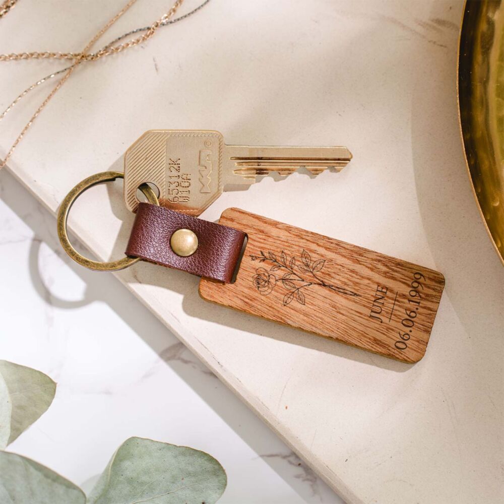 Personalised Wooden Keychain with Birth Month Flower and Custom Date