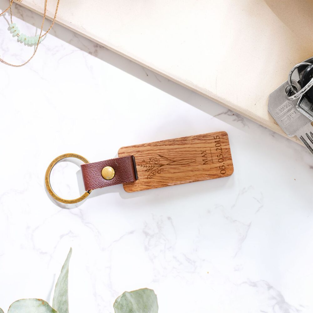 Personalised Wooden Keychain with Birth Month Flower and Custom Date
