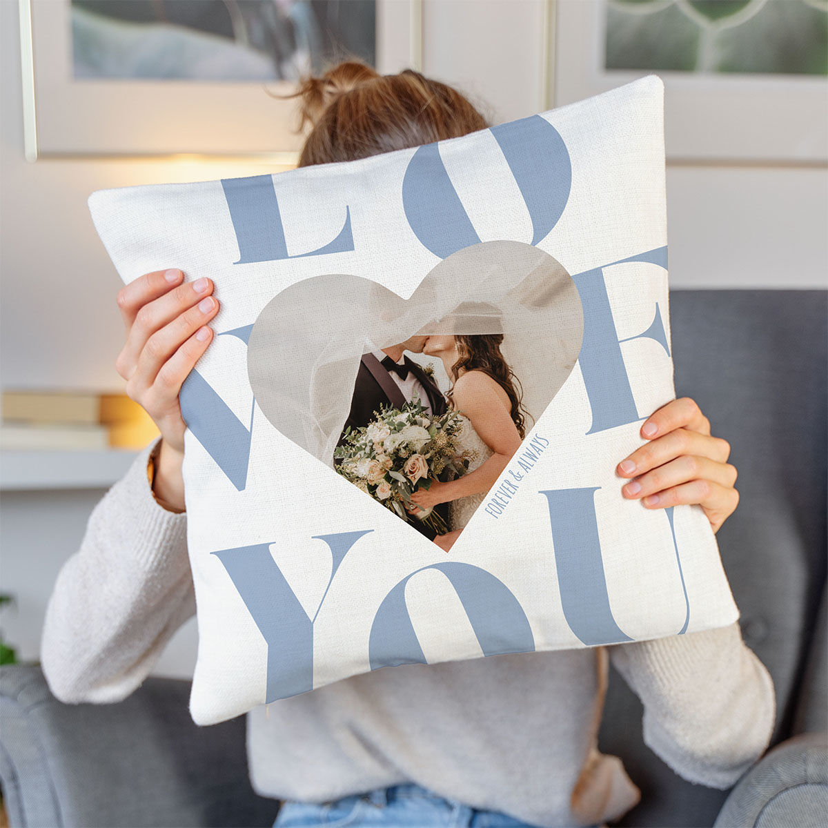 Personalised Cushion Cover with Heart Photo and Text