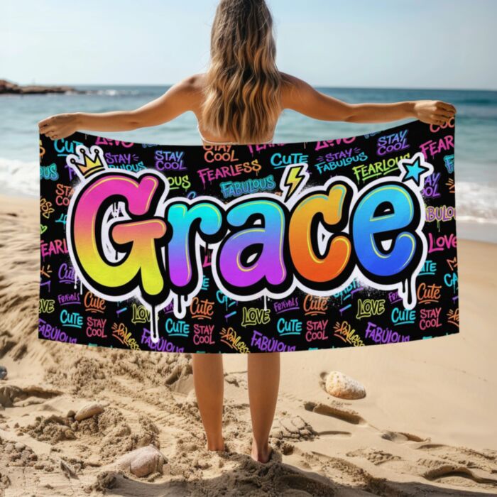 Personalised Beach Towel with Graffiti Name Design