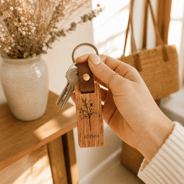 Personalised Wooden Keychain with Birth Month Flower and Custom Date